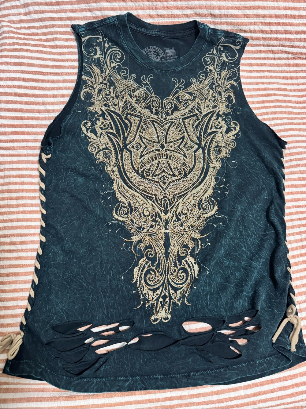 Affliction Cutout Distressed Rhinestones Mineral Wash Tank Top Live Fast Sz: M
